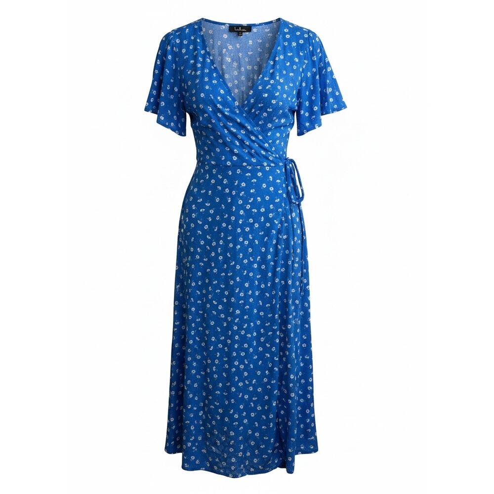 Lulu's Maretta Blue Floral Wrap Midi Dress - Size Small - Picture 3 of 10